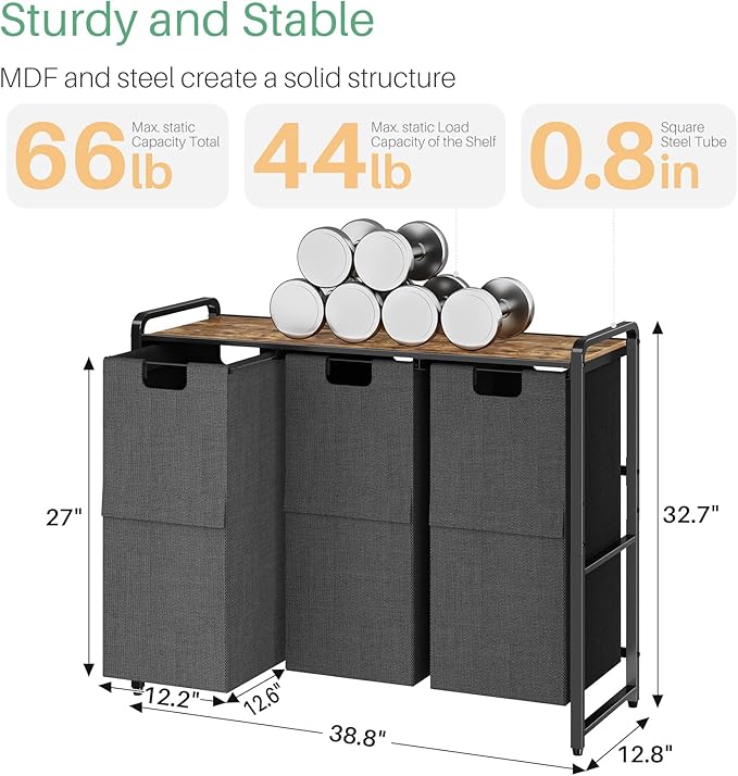 Kitstorack Laundry Hamper with Shelf - Laundry Basket Organizer with 3 Pull-Out Removable Bags Laundry Sorter Dirty Clothes Hamper for Laundry Room Storage Bathroom, 3 X 11.8 Gallons (44.5L)