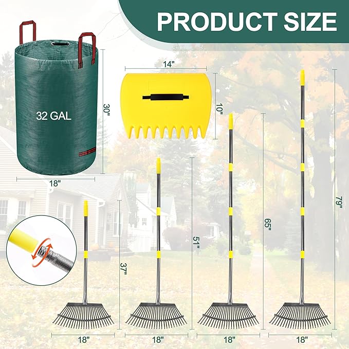 Adjustable Garden Leaf Rake Set, 18" Wide, 25 Tines, 37-79" Handle Metal Leaf Rake with 2 Pack 32 Gallons Leaf Bags and Scoops. Heavy Duty Graden Rakes Set for Lawn, Grass, Shrubs, Flower Beds