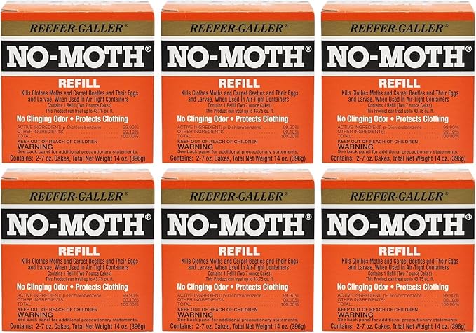 NO Moth Closet Hanger Refills - Kills Clothes Moths, Carpet Beetles, Eggs & Larvae (2 Moth Cakes, Pack of 6)