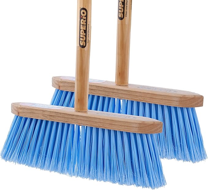 Superio Kitchen Broom - USA Wood Handle, Fine Premium Blue Bristles - Heavy Duty Household Broom - Easy Swiping Dust and Wisp, Home, Kitchen, Lobby, Floors and Corners 2-Pack