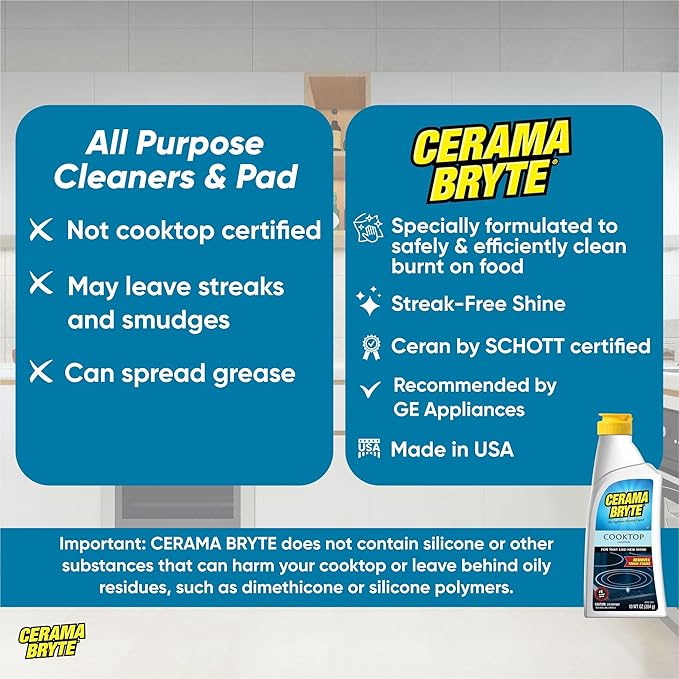 Cerama Bryte Glass Cooktop and Stove Top Cleaner Combo Kit - Includes Cleaning Tool, Razor, Scraper and 1 Pad to Remove Tough Stains - Use on Gas, Electric, Ceramic Surfaces, 18 Ounces, 4 Piece
