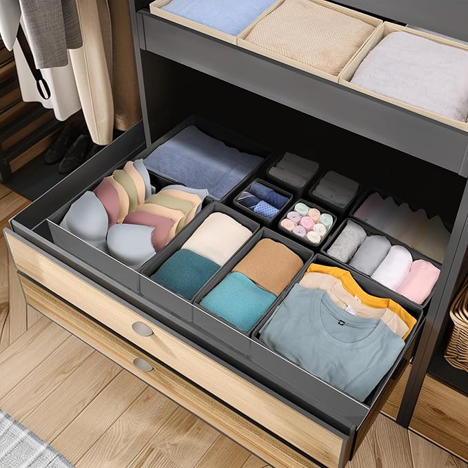 12 Pcs Drawer Organizer Clothes – Dresser Organizers for Baby Clothes, Underwear, Socks & Bedrooms – Foldable Storage Bins for Closet & Nursery – Fabric Drawer Dividers for Shelves (Grey)