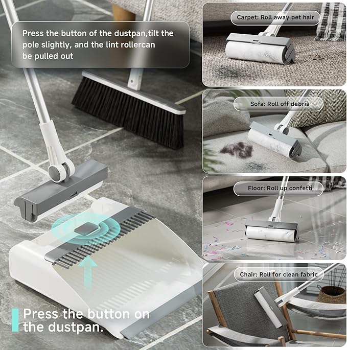 Broom And Dustpan Combo Set, Dust Pan with 3-In-1 Reusable Lint Roller Design 180° Brooms with Self-Cleaning Teeth for Floor Bathroom Kitchen Shower Tile Pet Hair Carpet Couch with 1 Extra Lint Roller