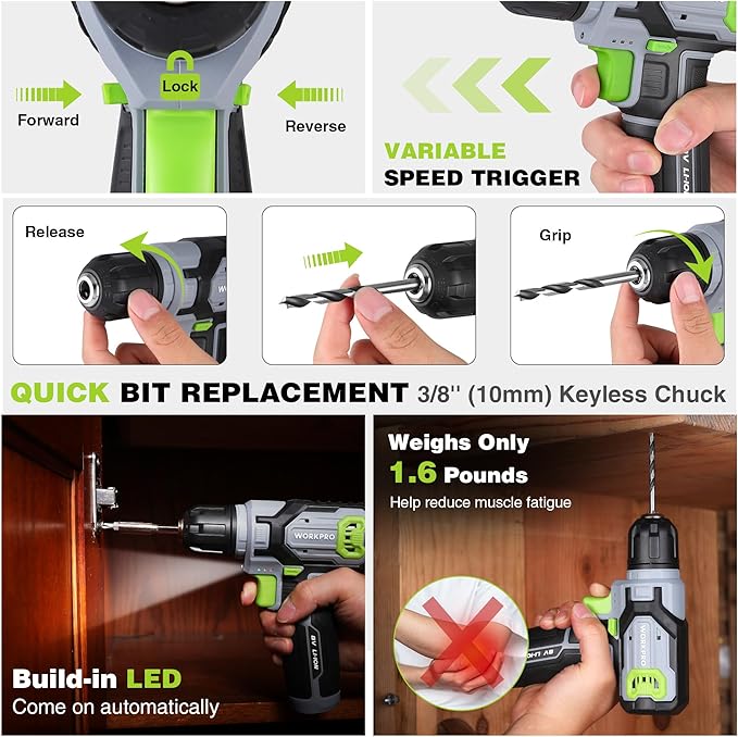 WORKPRO Cordless Power Drill Set, 8V Cordless Drill Driver Set with 53pcs Bits, 2.0Ah Electric Tool Kit with 3/8" Keyless Chuck and Variable Speed Trigger, Portable for Home Improvement, DIY