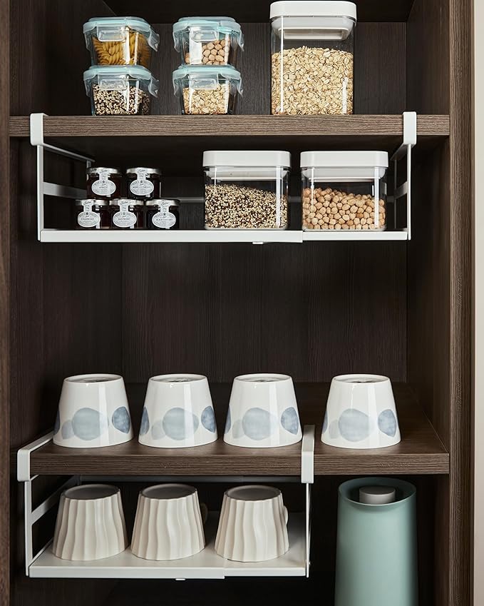 Under Shelf Storage Basket, 2 Pack Heavy-Duty Hanging Baskets Under Cabinet Shelf Organizer, Add-on Space Saver Kitchen, Pantry, Laundry Room, Slide-in White Shallow Depth