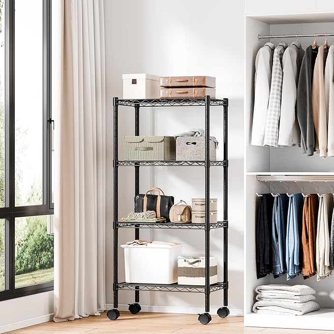 DUMOS 2 Pack 3Tier 4Tier Metal Shelving, Heavy Duty Shelves Wire Shelving Unit with Removable Wheel Casters, Shelves Organizer for Bathroom Garage Living Room Kitchen Pantry Laundry
