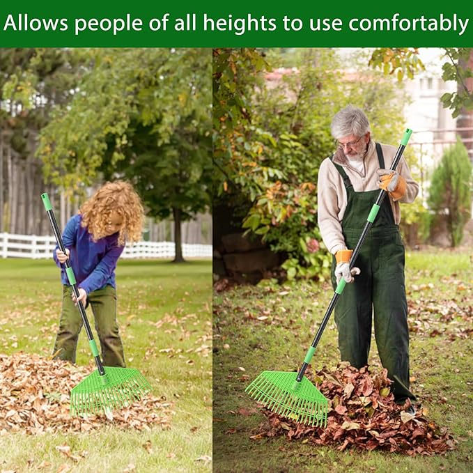 Plastic Rake for Leaves, 23 Tines 16" Wide Plastic Lawn Gravel Shrub Leaf Rake for Leaves and Grass, Thatch Garden Rakes for Yard Heavy Duty Long Handle 35-65"
