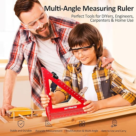 8 inch 3D Multi-Angle Measuring Square Ruler, WT103C High Precision Hole Scribing Woodworking Tools, 0-90° Aluminum Alloy Carpenter Square with Stair Gauges, Carpenter Pencils 6 Refills.