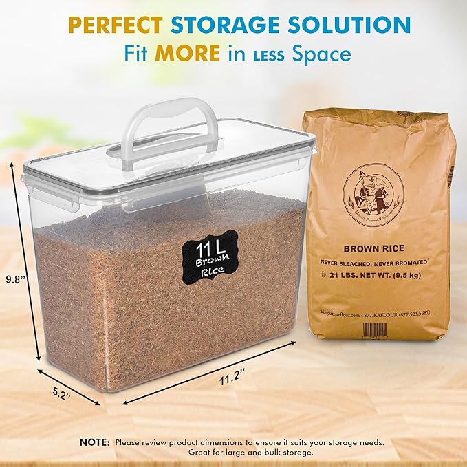 Shazo 2 PC (11L | 372 oz) Flour Sugar Storage Containers with Easy Carry Handle - Plastic Extra Large Food Storage Containers with Lids for Rice Cereal, BPA Free & Airtight Kitchen Pantry Organization