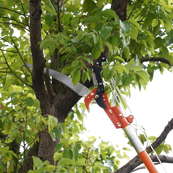Manual Pole Saw for Tree Trimming, 27 FT Manual tree purner with 8 Fiberglass Handles, Sharp steel Blade and Scissors, Easy to Carry and Extendable Design for Tree Maintenance, Orange