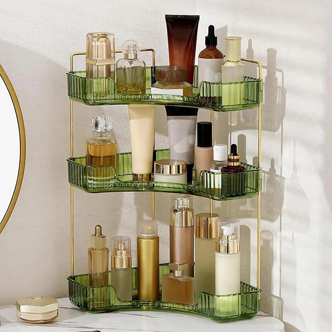 INVSSENE Corner Bathroom Countertop Organizer, Vanity Trays for Bathroom Counter, Makeup Organizer, Perfume Tray, Kitchen Spice Rack, Fits 90 Corner(Green, 3 Tiers)