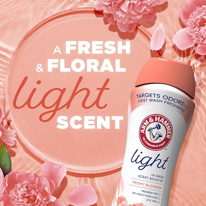 ARM & HAMMER Light In-Wash Scent Booster, No Heavy Perfumes, No Dyes, No Parabens, Peony Blossom Scent, 24 Oz