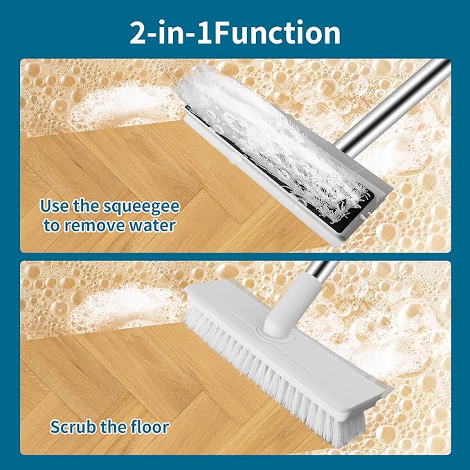 Floor Scrub Brush with Long Handle, 2 in 1 Scrape Brush Stiff Bristle Floor Scrubber for Cleaning Shower Bathroom Garage Kitchen Wall Deck Tub Tile, White