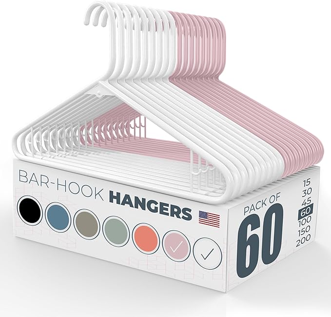 Neaties Plastic Hangers 50 Pack (60 Count) – Made in The USA – 6lb Capacity Standard Clothes Hangers with Strap Hooks for Dresses, Lingerie, Shirts, Pants, and Jackets – White & Pink