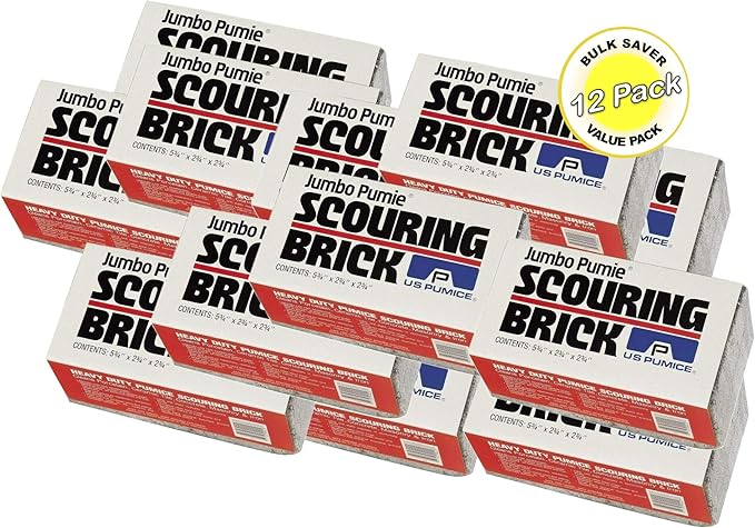 PUMIE JPS-12 Jumbo Scouring Brick, for Large Surface Cleaning, Removes Lime, Scale, Rust, Calcium - Pool Pumice Stone Tile Cleaner, Barbecue Cleaning Stone, Hand Safe, Pack of 12