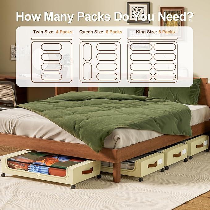 GoMaihe Under Bed Storage with Wheels:48L Underbed Storage Containers with Lids - Rolling Bins for Shoes Clothes in Dorm Bedroom - Metal Drawers Easy Pull-out Beige 4-Pack