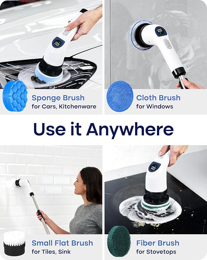 Electric Spin Scrubber for Cleaning, Adjustable Shower Brush with 7 Replaceable Heads & Power LED Display, 2 Speed Waterproof Cordless Shower Scrubber for Bathtub, Kitchen, Car, White