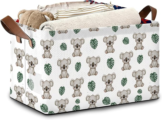 Cute Koala Storage Basket,Palm Leaf Collapsible Storage Bin Cubes for Living Room Bedroom Blankets Home Storage 17x11.5x10Inch