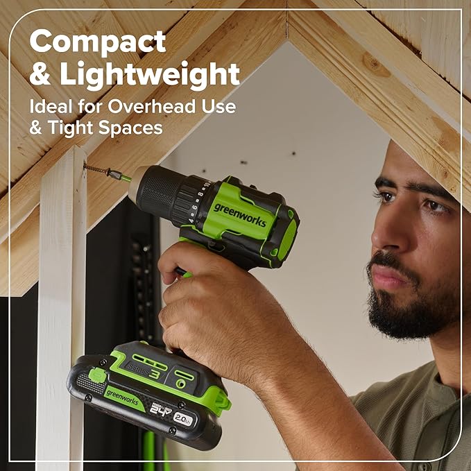 Greenworks 24V Cordless Brushless 400 in-lbs Drill/Driver, Lightweight, LED Work Light,18+1 Clutch, Battery and Charger Sold Separately