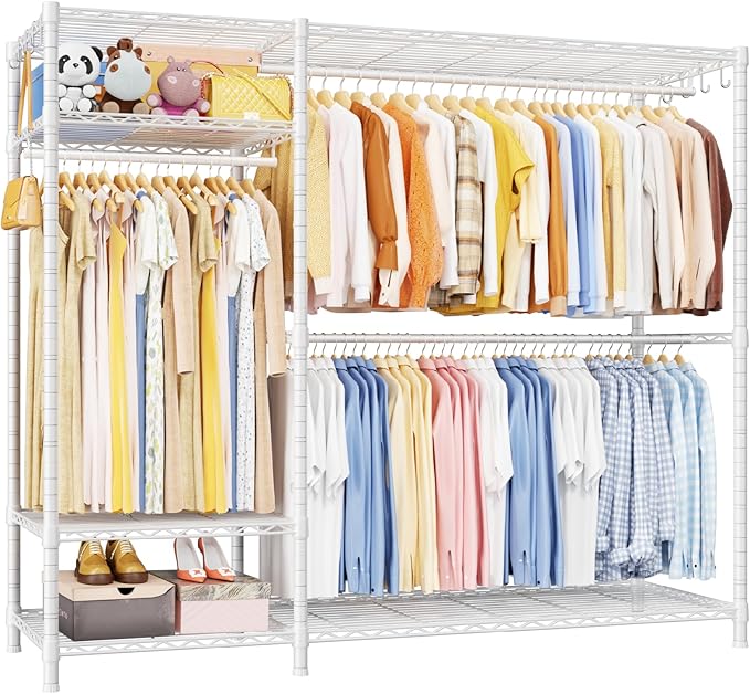 Ulif F7 Plus Garment Rack, Heavy Duty Clothes Rack, Clothing Racks for Hanging Clothes, 6-Tiers Freestanding Portable Closet Storage Rack 68'' W × 14.6'' D × 76.6'' H, Max Load 850 Lbs, White