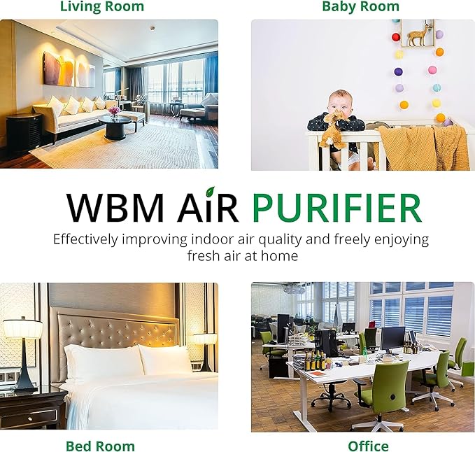WBM Smart HEPA Filter Air Purifier for Allergies and Pets, Dust, Mold, and Pollen, Smoke and Odor Eliminator, Cleaner for Bedroom, Black