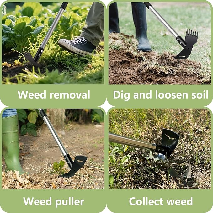 Weed Puller Tool with Long Handle(58IN), 2-in-1 Gardening Hand Tools Weeds Remover, Weeder Rake & Garden Hoe Combo, Manual Weeding Puller Tool for Garden Yard Patio Lawn
