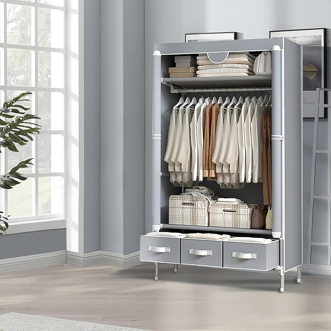 Portable Wardrobe Closet with Shelves & Drawers - Light Grey Oxford Fabric Clothes Organizer for Bedroom, Dorm Room - Waterproof, Easy Assembly No Tools Needed(35.4" x 17.7" x 67")