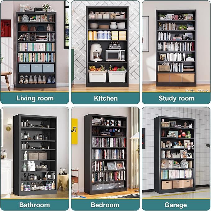 55" Storage Cabinet with 6 Adjustable Shelves (8 Tiers Total), Metal Shelving Unit for Garage, Pantry, Office – Easy Assembly, Durable Freestanding Organizer (Black, 7 Tier-55"H x 27.6"W x 11.8"D)