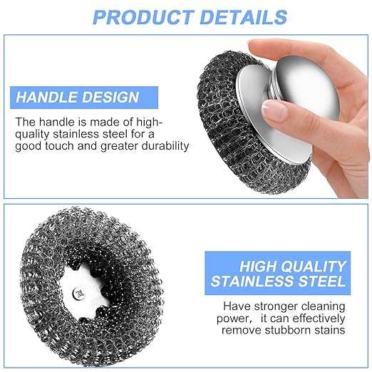2Pcs Stainless Steel Wool Scrubber with Handle, 4 Replacement Steel Scrubber Wool Pads，Stainless Steel Scrubber for Cleaning Cast Iron, Dishes, Kitchen Pots, Pans, Grills, Stoves, Sink
