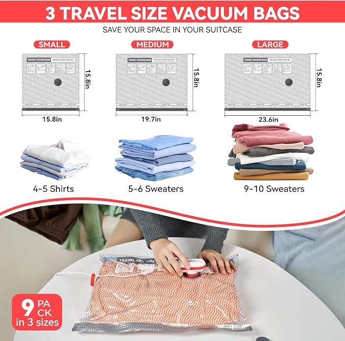 Travel Vacuum Bags with USB & TYPE C Pump,9 Pack Carry-On Size Vacuum Storage Bags for Luggage and Suitcase,Vacuum Luggage Bags,Space Saver for Clothes and Clothing Travel(Red)