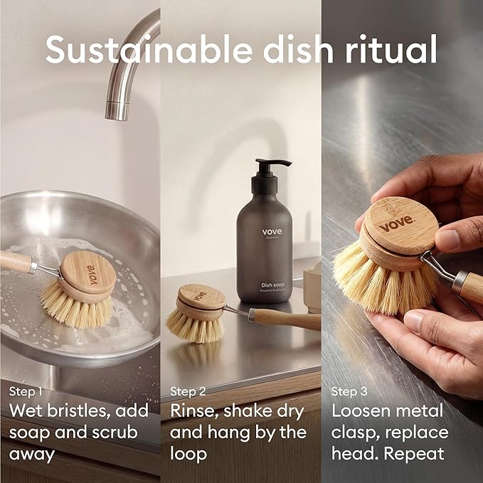 Vove Dish Brush Bundle - FSC-Certified Bamboo Dish Brush & Scrub Brush, 3 Replacement Heads - Natural Fiber Bristles - Non-Toxic, Plastic-Free Kitchen Set