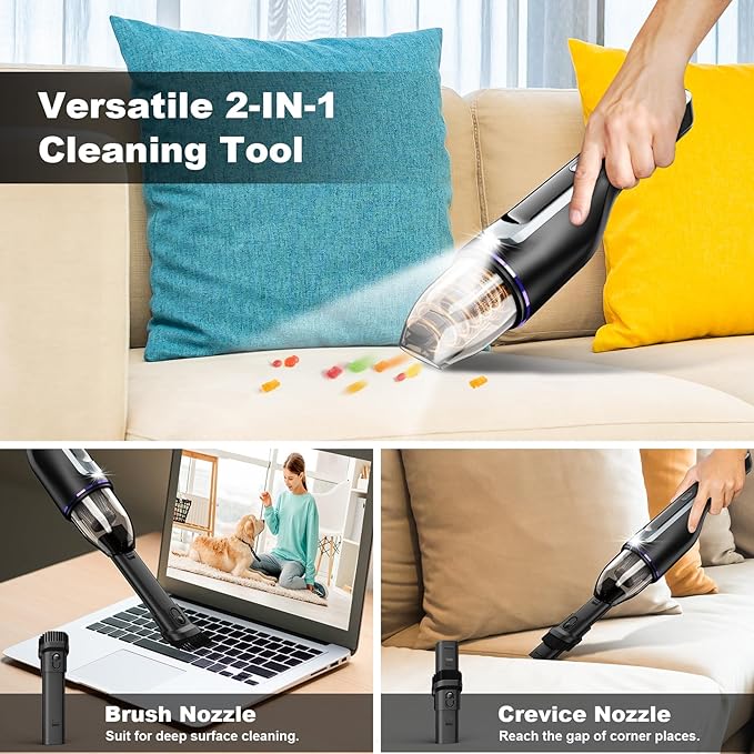 DRECELL Handheld Vacuum Cleaner, Car Vacuum with Brushless Motor & 14000Pa Powerful Suction,1.2Lbs Lightweight, LED Light, Slim Mini Vacuum Cleaner for Car Home Office Pet Hair