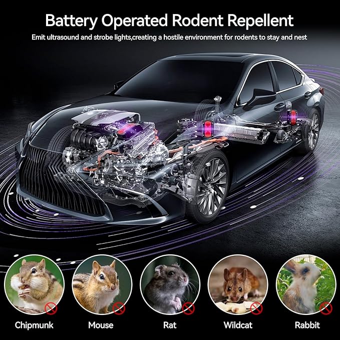 Ultrasonic Rodent Repellent, Plug-in Mouse Rat Pest Bat Squirrels Skunks Repellent for Car with Battery Powered Under Hood, Keep Mice Out of Cars Engines, Indoor, Outdoor, Garage, Room
