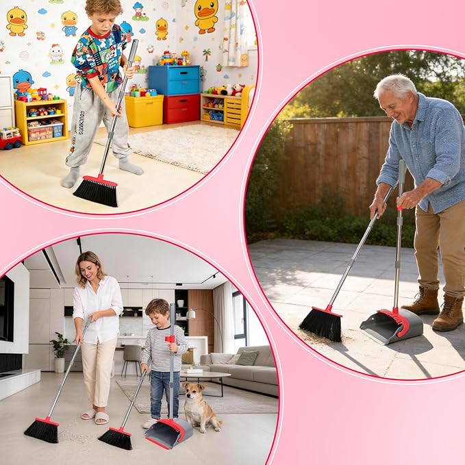 YZO Broom and Dustpan Set, 50.6-Inch Long Handle Standing Design, Dustpan Front Rubber Tight Seal, Broom with 5-Layer Bristles, Suitable for Living Room, Bedroom, Yard, Office and Apartment(Gray&Red)