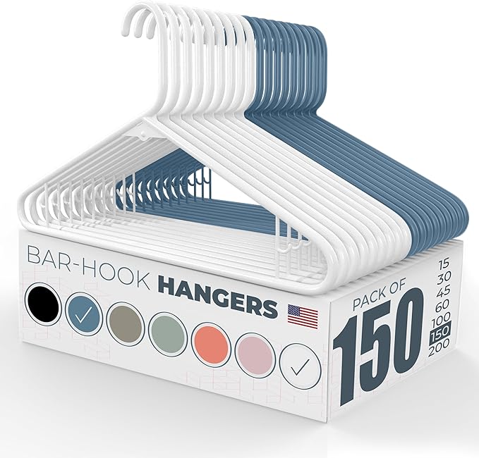 Neaties Plastic Hangers 100+ Pack (150 Count) – Made in the USA – 6lb Capacity Standard Clothes Hangers with Strap Hooks for Dresses, Lingerie, Shirts, Pants, and Jackets – White & Blue