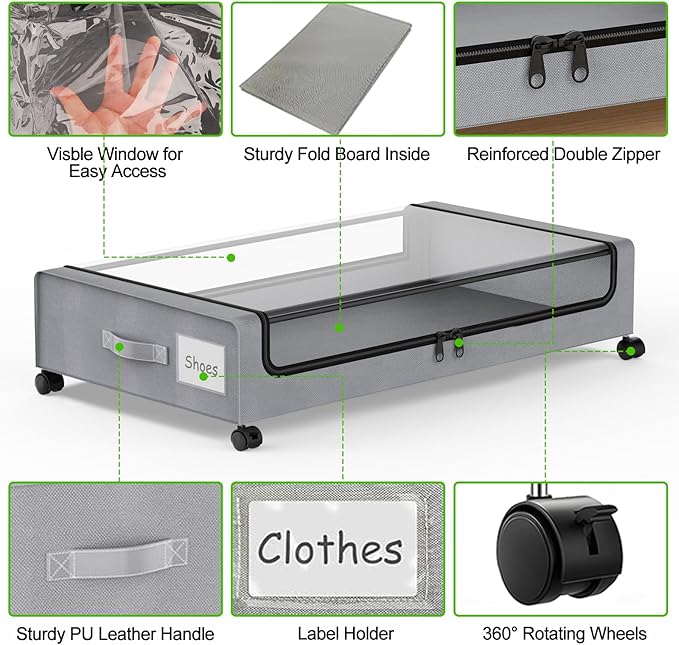 Molutsody Under Bed Storage with Wheels, 4-Pack Underbed Storage Containers with Clear Lids, Under Bed Shoe Storage Organizer, Rolling Under Bed Storage for Clothes Shoes Blankets (Grey)