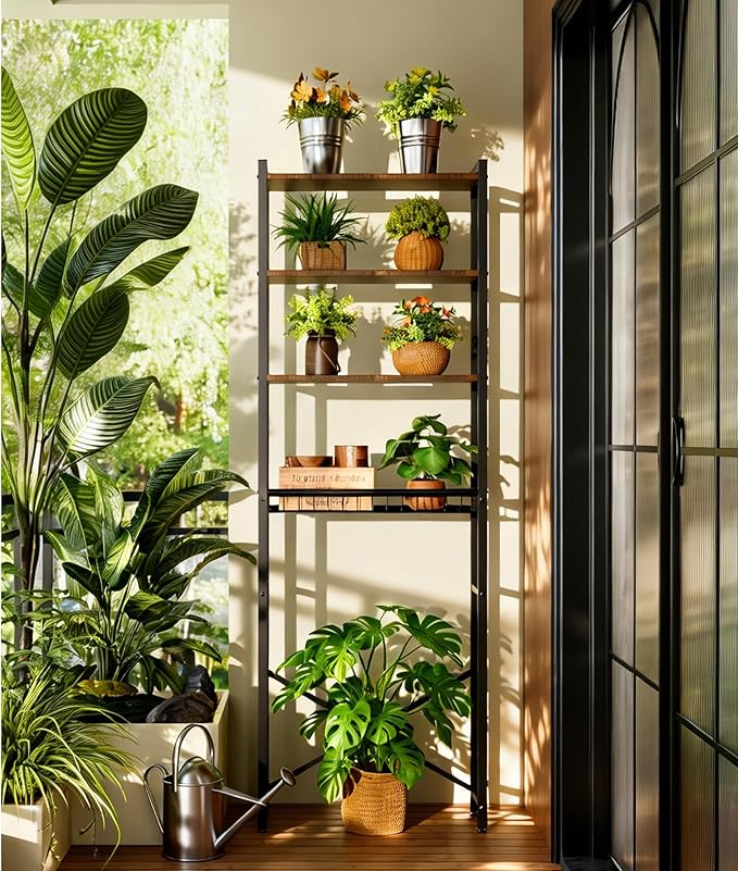4-Tier Over-the-Toilet Storage Rack with One-Piece Wooden Shelves & Open Net Basket, Bathroom Organizer with Adjustable Feet & Anti-Tip Kit, Space-Saving Toilet Shelf, Brown, 24.4" x 9.4" x 69.3"