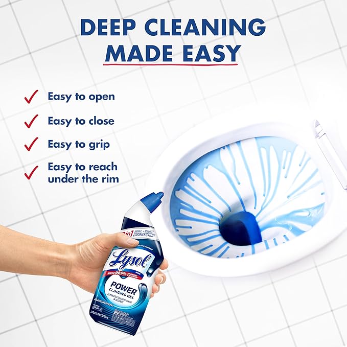 Lysol Toilet Bowl Cleaner, Max Strength Bathroom Cleaning Supplies, Toilet Bowl Cleaner Clinging Gel, Home Essential, Instant Stain Removal, Disinfecting and Deodorizing, Bleach Free, 24 oz (9 ct)