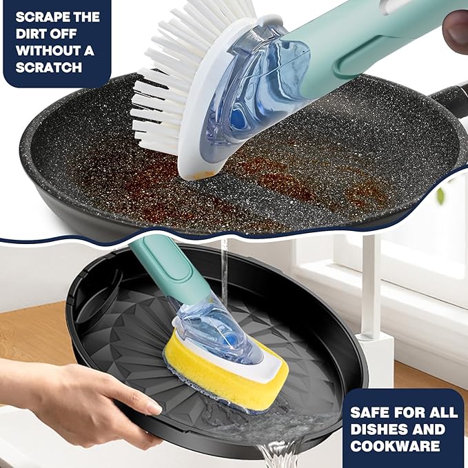 Dish Brush with Soap Dispenser Storage Set with 2 PCS Brush Refills & Holder, Dish Scrubber with Soap Dispenser, Dish Soap Brush, Dish Wand with Soap Dispenser for Dishes, Pans, Sink, Pots(Blue)
