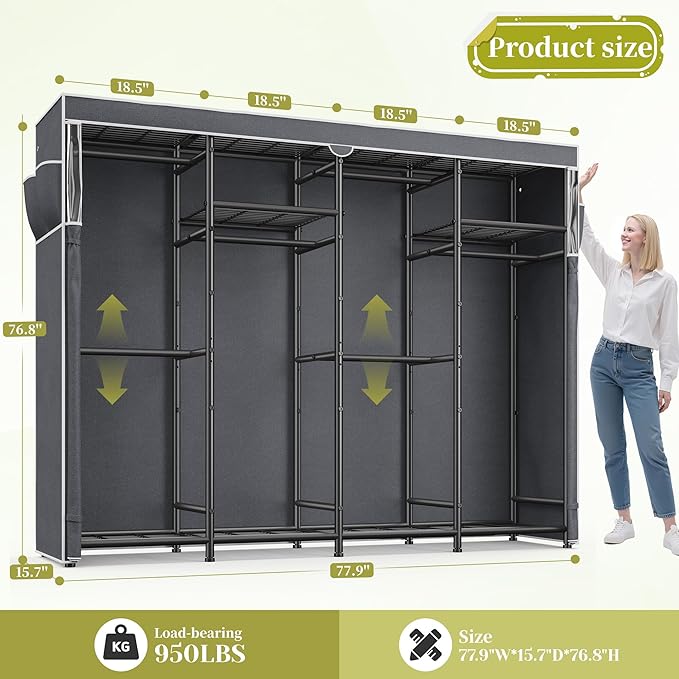 Raybee Clothes Rack with Cover, Heavy Duty Clothing Rack for Hanging Clothes, Adjustable Metal Portable Closet for Bedroom 77.9" W x 15.7" D x 76.8" H Black