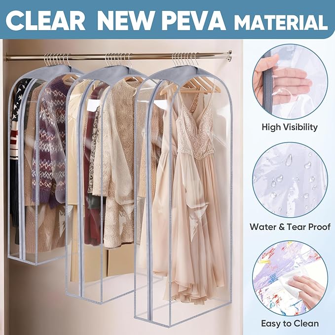 BALEINE 40'' Clear Garment Bags, 10.5'' Wide PEVA Suit Bag for Closet Clothes Dresses Suit Coats Storage (Clear, 1PK)