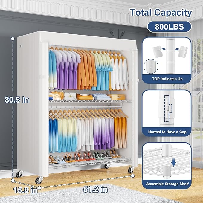ULIFHOME P8C Max Heavy Duty Clothes Rack（With Extended Width Design） Rolling Clothing Racks for Hanging Clothes with Lockable Wheels，51.2"W x 15.8"D x 80.5"H，Load 700LBS，White Rack with White Cover