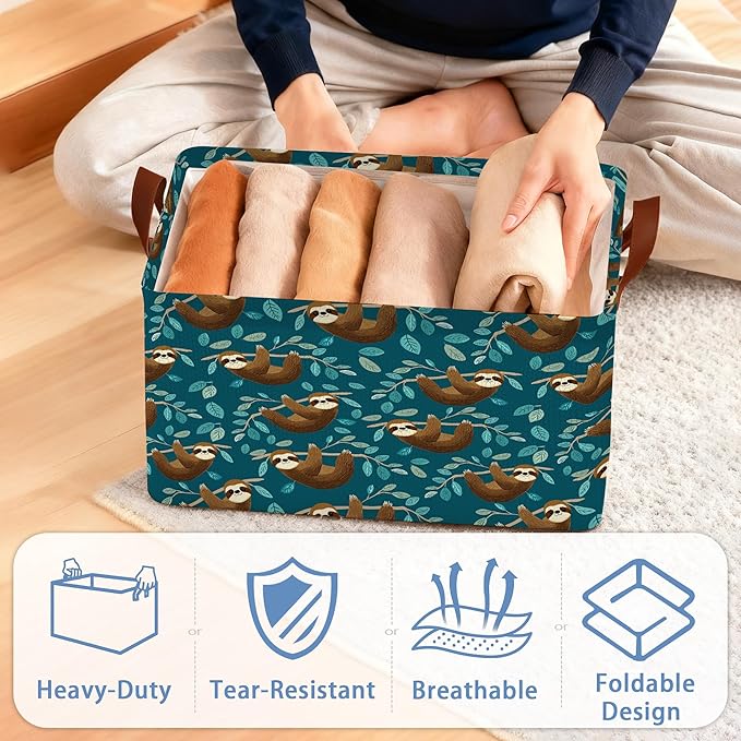 Funny Sloth Storage Baskets,Leaves Foldable Organizer Bin with Handles for Home Living Room Bedroom Closet Box 17x11.5x10Inch