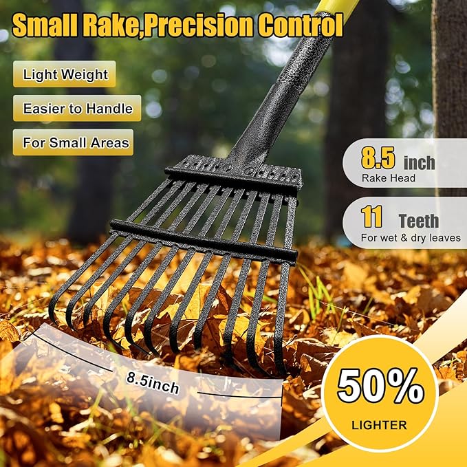 Rake for Leaves: Small Metal Garden Rake, 8.5" Wide, 11 Metal Tines,Heavy Duty Lightweight Kids Leaf Rakes for Small Lawn Yard Shrub,Tight Spot Garden Bed Leaf Debris Picking Cleaning, 60” Long Handle