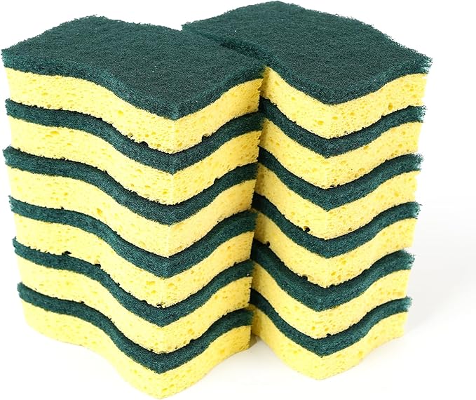 Kitchen Sponges – 12 Pack – Non-Scratch Dual-Sided Cellulose Scrub Sponges for Dishes, Pots, and Pans – Durable, Absorbent, and Reusable (Green/Yellow)