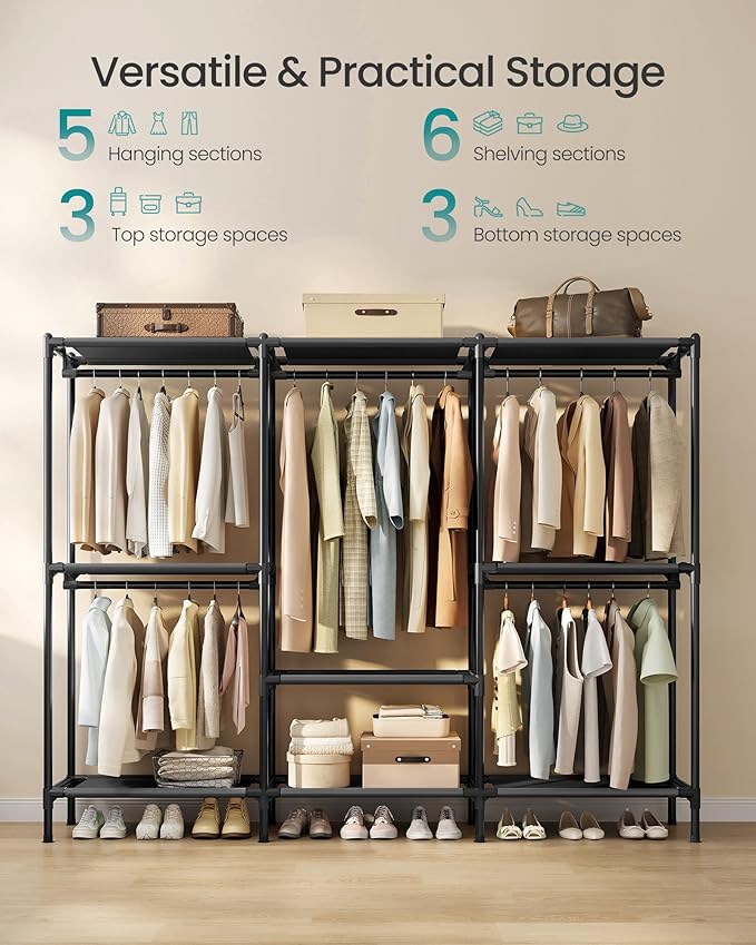 SONGMICS Clothes Rack, Portable Closet, Heavy-Duty Wardrobe Closet Organizer with Hanging Rails and Shelves, 79.9 Inches Tall, Total Load 297 lb, Easy Assembly, for Bedroom, Ink Black URDR212BZ01