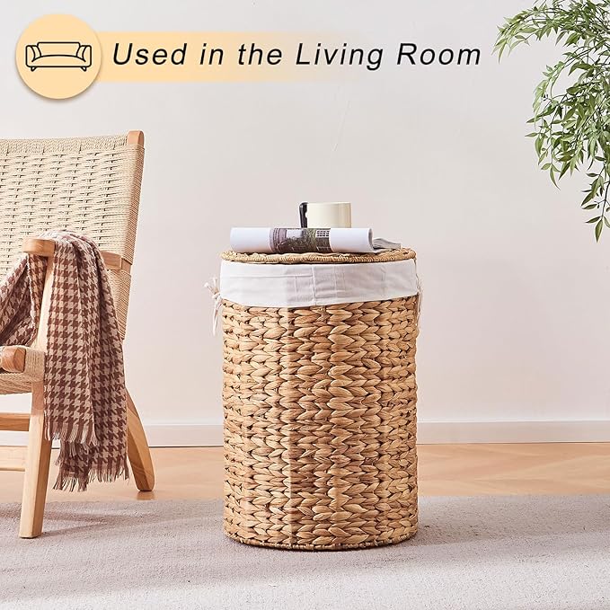 Round Water Hyacinth Laundry Hamper with Lid Handwoven Wicker Basket with Handles for Dirty Clothes, Storage, and Organization Ideal for Bedroom, Bathroom, and Laundry Room, No Assembly Required, 60L
