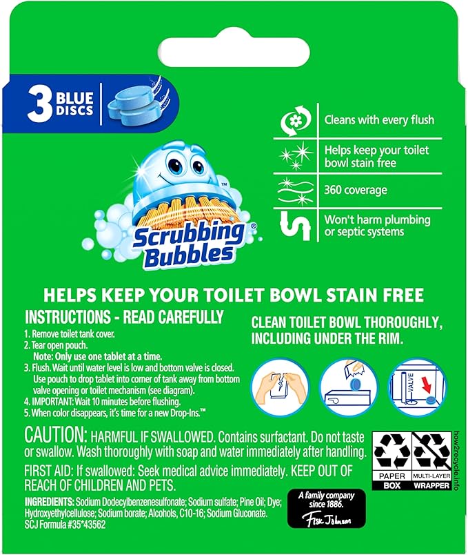 Scrubbing Bubbles Continuous Clean Toilet Drop-Ins, Automatic Blue Toilet Bowl Cleaner, Septic-Safe Tank Tablets Remove Hard Water Minerals & Limescale, Stain & Smell Protection, 3 Count (Pack of 6)
