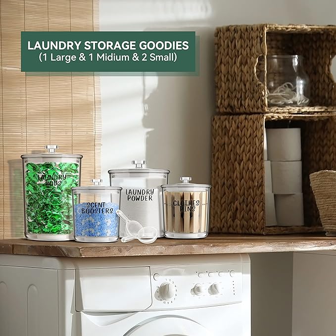 4 Pack Laundry Room Organization Jars - Laundry Storage Containers with Labels & Scoops Hold Pods, Powder, Scent Booster, Beads, Soap, Detergent - Great Laundry Organizer - Clear Acrylic
