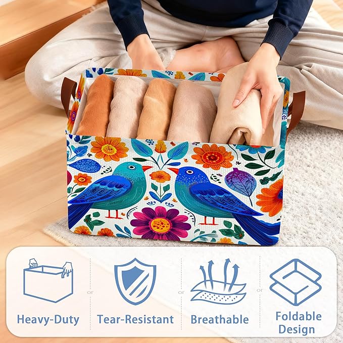 Colorful Bird Flowers Collapsible Storage Box,Mexican Style Organizer Bin with Handles for Room Decoration,Bins Book Basket Box 17x11.5x10Inch